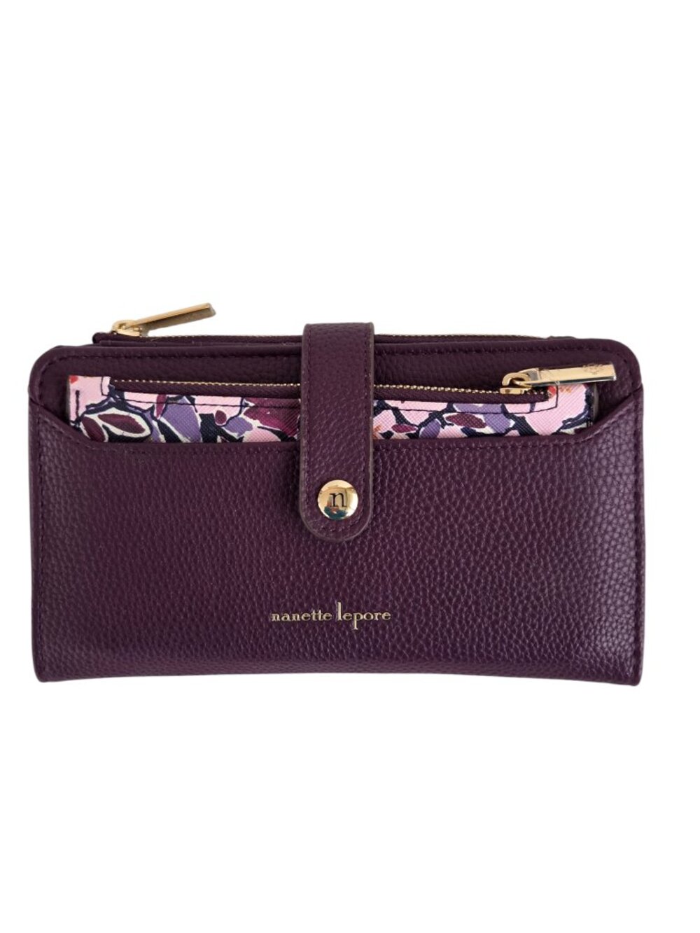nanette lepore 2 pc Wallet Set Plum & Floral Pebbled Faux Leather Card Holder